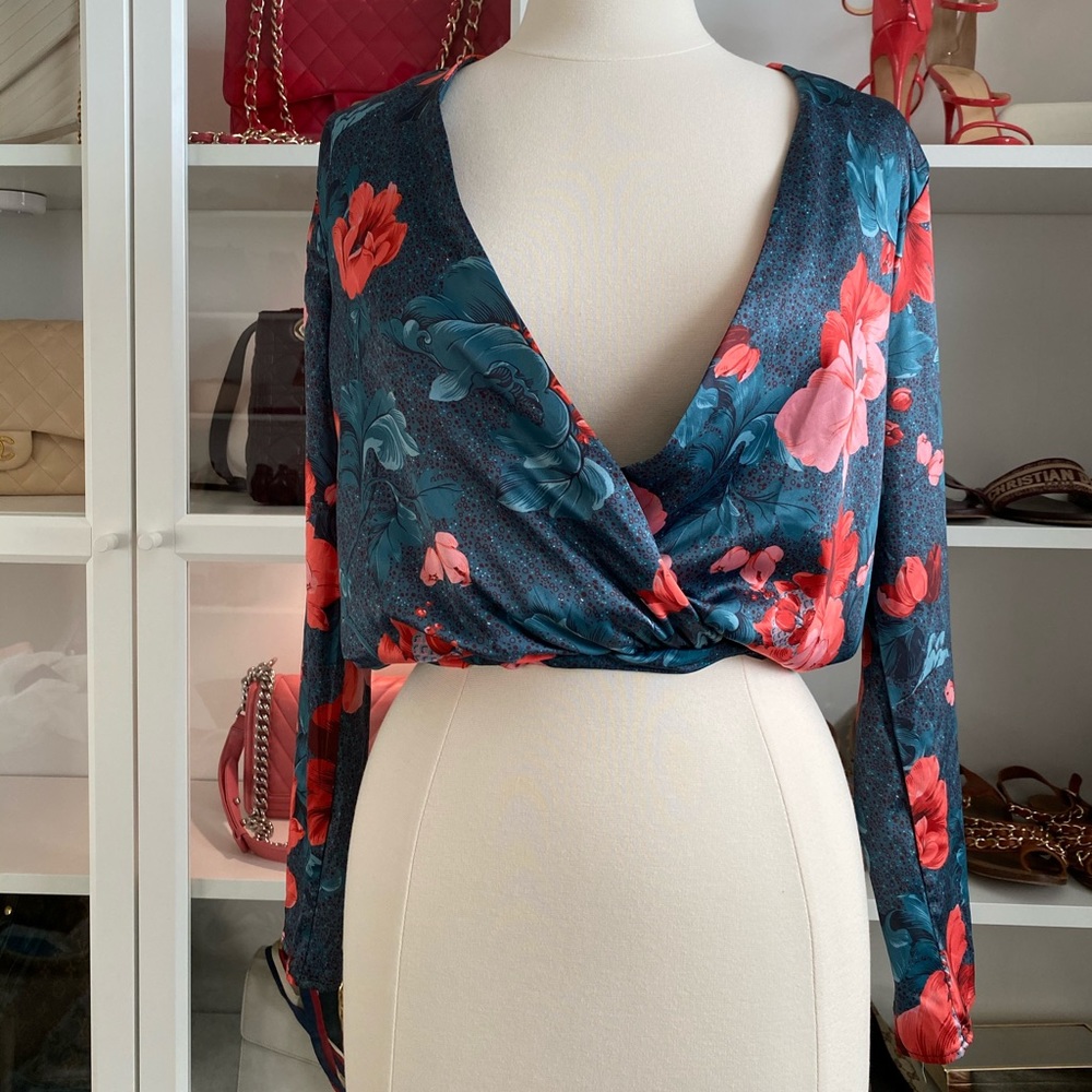 Floral long sleeve deep neck plunge bodysuit